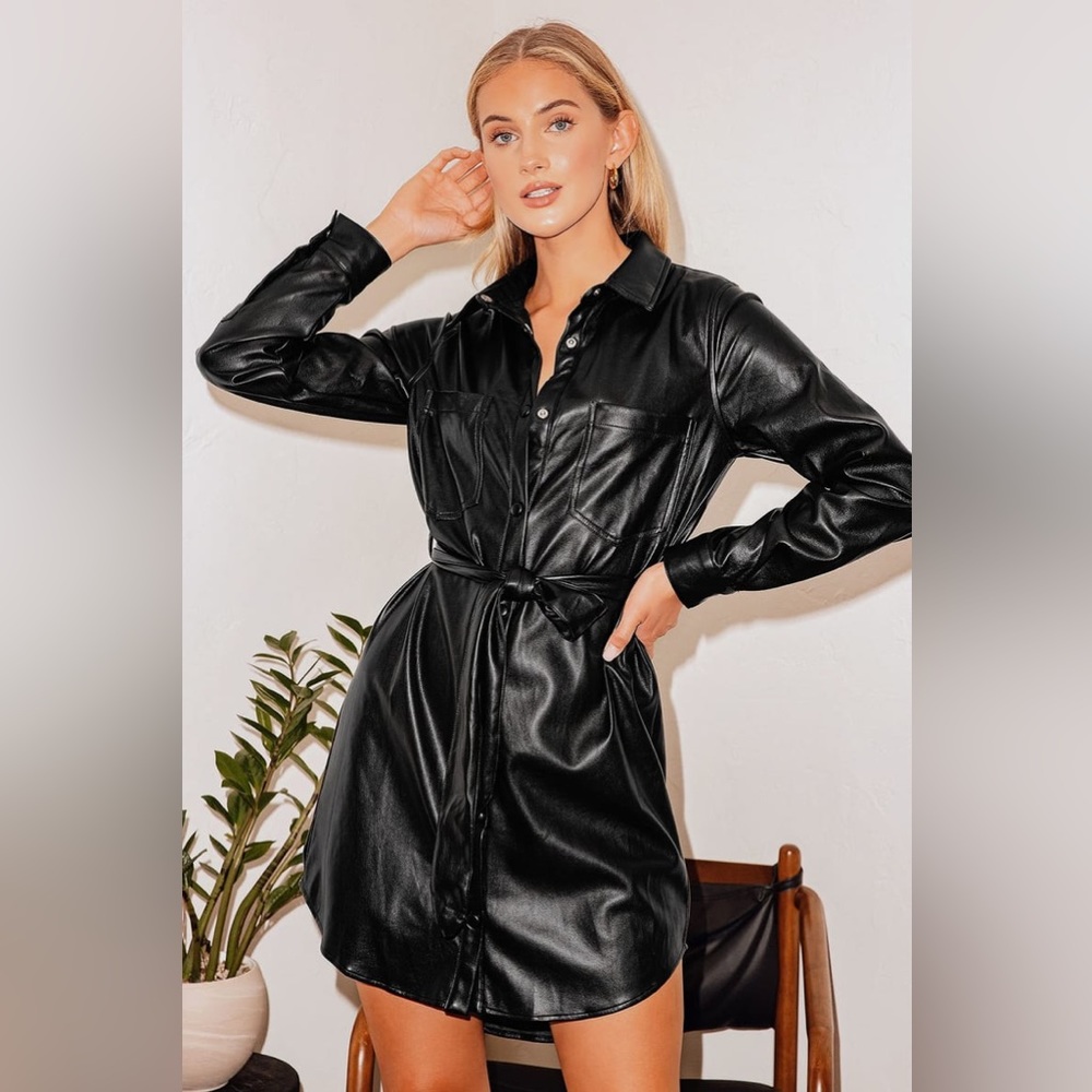 NWT Lulu’s Timeless Babe Black Vegan Leather Button-Up Mini Dress Size Small